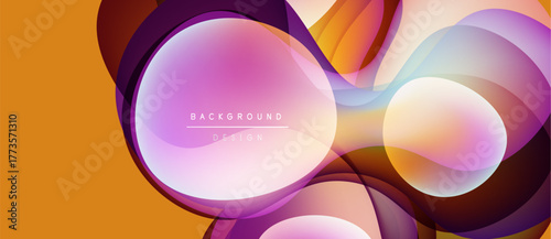 Abstract fluid shapes overlap, creating vibrant color gradients. Orange background complements purple, pink hues. Modern design element.