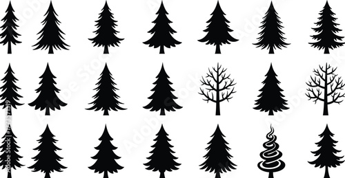 Tree silhouettes collection, pine and fir forest illustration, deciduous and conifer shapes, winter holiday design, nature artwork,
