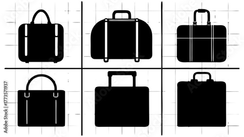 Six black luggage bags arranged in a tictactoe grid on a white background