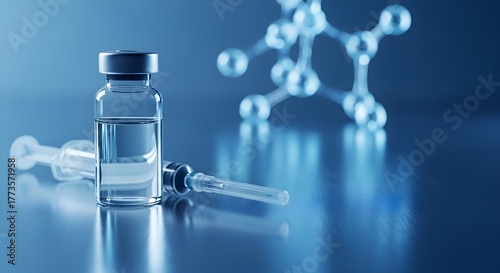 Syringe and glass vial with liquid on a table with molecular structure background for medical concepts