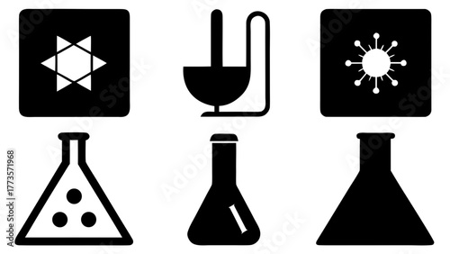 Black and white science icons representing chemistry and biology experiments