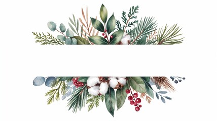 Elegant watercolor winter botanical border with berries and cotton