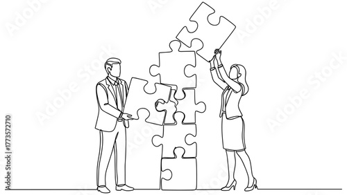 Teamwork illustration, black line drawing of two professionals assembling vertical puzzle pieces symbolizing collaboration, strategy, and problem-solving