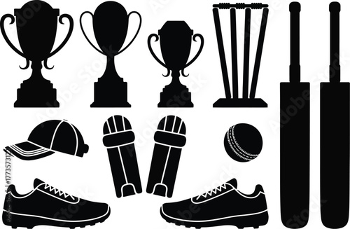 Cricket equipment vector set trophies bats ball wickets shoes cap