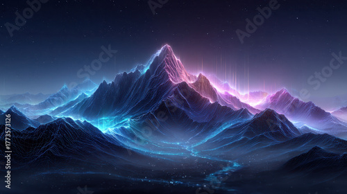 Futuristic neon holographic mountain landscape features vibrant colors and glowing peaks, creating mesmerizing and otherworldly atmosphere. scene evokes sense of wonder and tranquility
