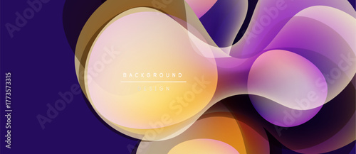 Abstract design features layered shapes, vibrant colors. Purple, orange, yellow hues create dynamic composition. Modern aesthetic.