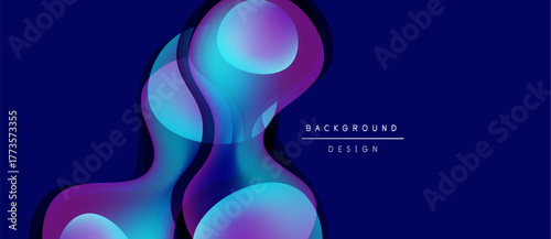 Abstract fluid shapes overlap, creating vibrant blue, purple gradients. Modern design evokes movement, energy, depth. Background suggests technology, innovation.