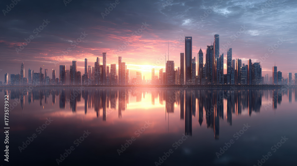 Fototapeta premium Photorealistic modern city skyline at sunset reflects beautifully on water, showcasing tall buildings and vibrant colors in sky. scene evokes sense of tranquility and awe