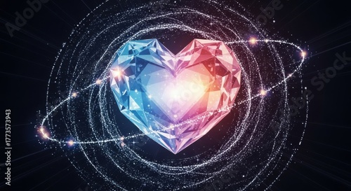 A radiant crystal heart gem glowing with vibrant cosmic energy and surrounded by sparkling orbital rings in a galaxy of stars