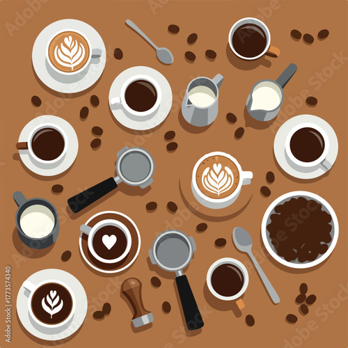 Flat lay illustration of assorted coffee cups and saucers with various designs, surrounded by coffee beans, milk, and utensils on a brown background.