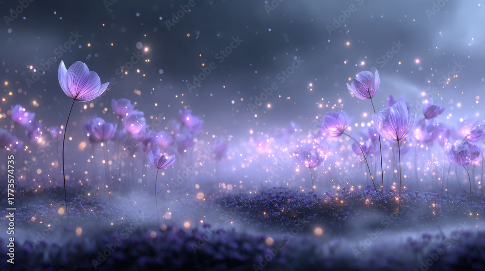 Naklejka premium Surreal glowing meadow with floating luminous flowers creates magical atmosphere filled with soft light and enchanting colors. scene evokes sense of wonder and tranquility