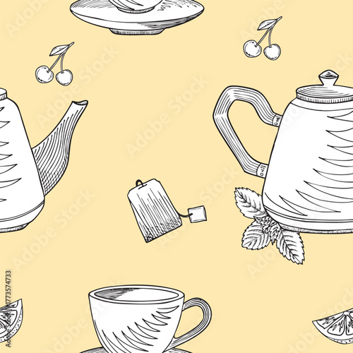 Teaware seamless pattern. Teapot, mug and saucer, cherries, mint and tea bag vector pattern. For packaging, cards, wallpaper and textiles.
