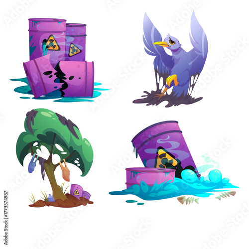 Pollution Illustration Toxic Waste, Contaminated Bird, and Damaged Environment