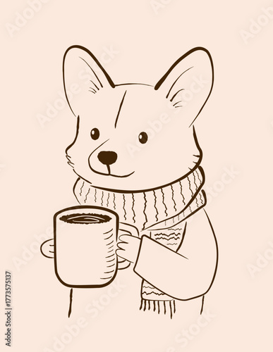 Line sketch of a corgi dog wearing a scarf, holding a coffee mug, ideal for logo or branding. Cute, playful animal illustration perfect for cozy, friendly, and approachable designs