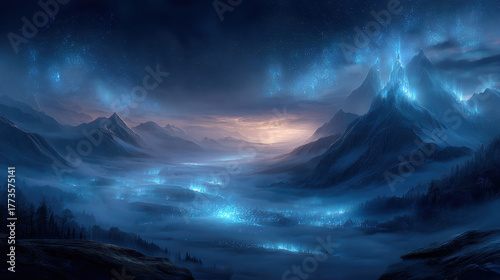 Surreal glowing valley with floating luminous fog, surrounded by majestic mountains and starry sky, creates mystical atmosphere that captivates imagination