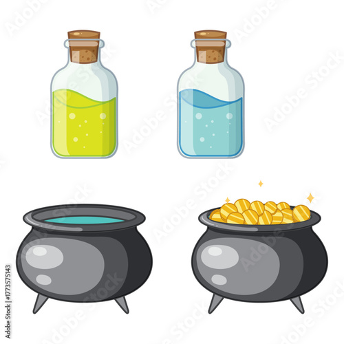 Collection of Magic Potions in Bottles and Cauldrons Filled with Gold Coins