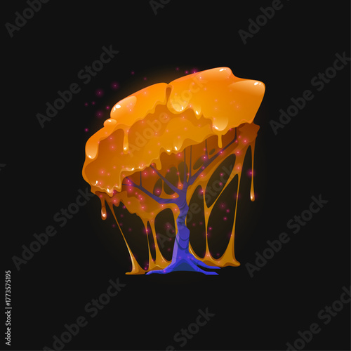 Luminous golden tree with enchanted dripping sap and glowing ethereal pink flowers, a magical plant design concept artwork