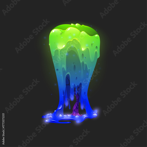 A magical, luminous slime plant-like creature with glowing green and blue viscous liquid on a dark backdrop