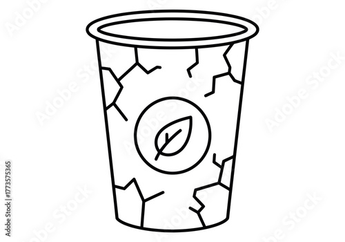 A cracked biodegradable paper cup with a leaf logo symbolizing eco-friendly packaging for beverages and food products