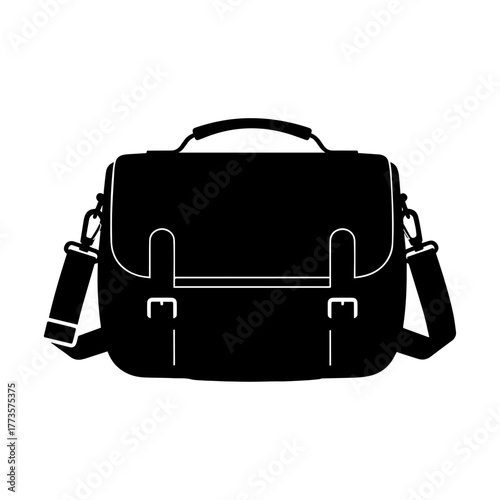 Black Silhouette of a Classic Messenger Bag with Top Handle and Front Buckles.