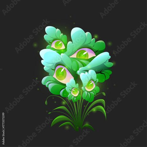 Enigmatic and Ethereal Greenery with Mystical Glowing Eyes on a Dark Background