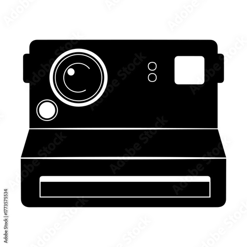 Iconic black silhouette of a retro instant camera, featuring a large circular lens, flash, and film ejection slot.