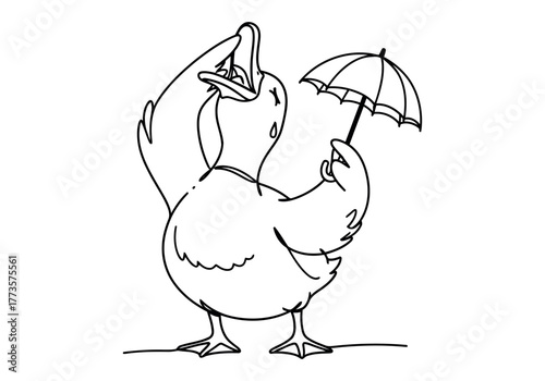 A comical drawing of a goose holding a tiny umbrella and looking upwards as if surprised or questioning something in the sky