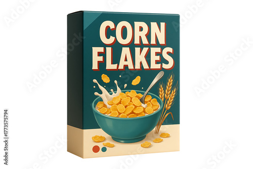 Generic corn flakes cereal box with bold typography and bowl of crispy flakes splashing in milk, retail packaging mockup isolated