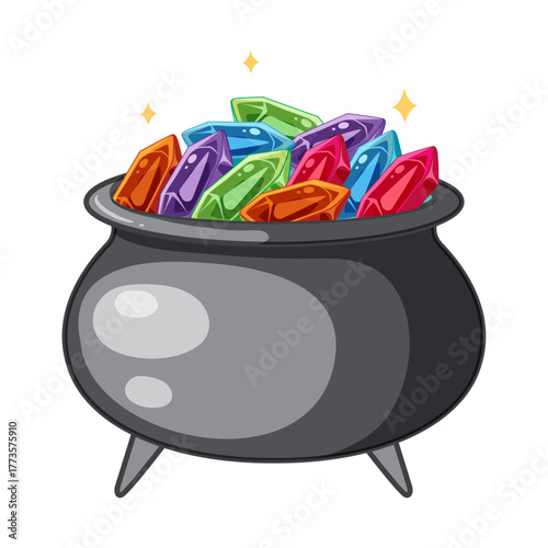 Pot of colorful crystals and gemstones, magic cauldron filled with precious jewels and sparkling elements