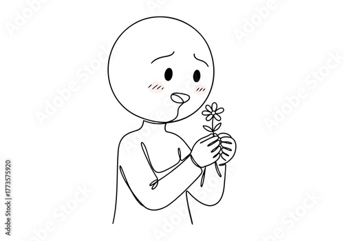 A Sweet Stick Figure Offering a Delicate Flower with a Shy Blush and Nervous Expression