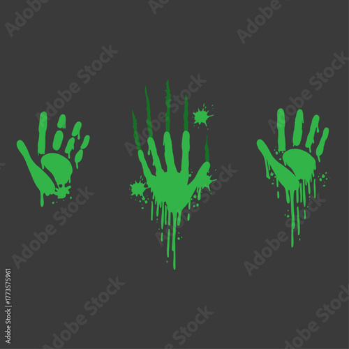 Green handprints on a dark background showing different styles, perfect for Halloween and spooky designs