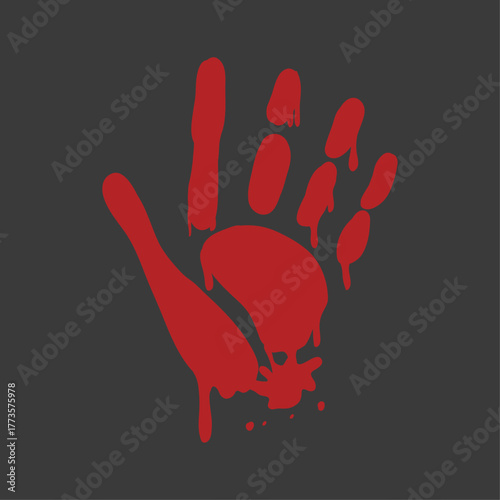 Ominous bloody handprint illustration with dripping red liquid on a dark background, evoking a sense of crime and danger