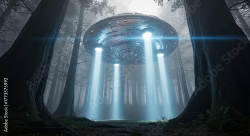 Mysterious alien spacecraft descends into a dark, foggy forest, illuminating the trees with its powerful lights