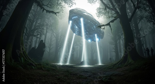 Mysterious alien UFO spaceship hovering with bright light beams in a dark, foggy forest during a first contact event