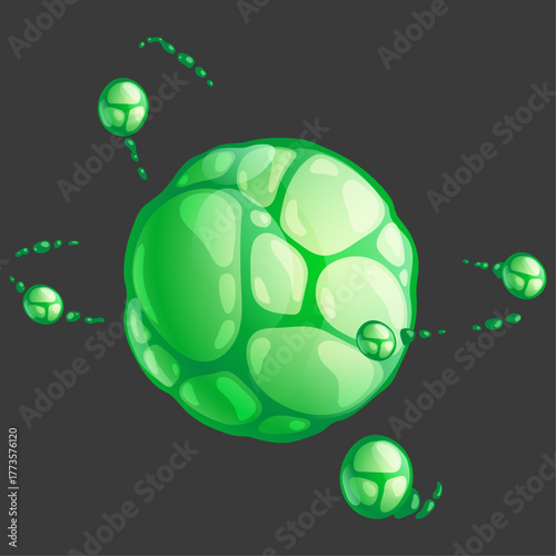 A vibrant green glossy sphere representing an alien planet or a biological cell with satellites
