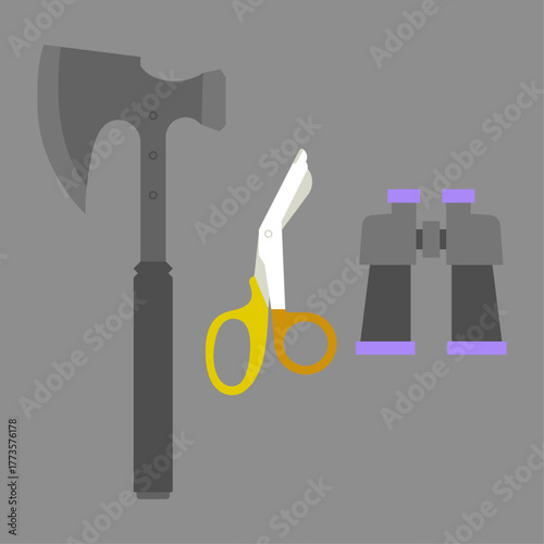 Tool Set Axe, Shears, and Binoculars - A Versatile Collection of Essential Equipment