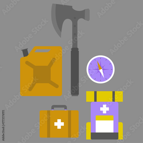Comprehensive Flat Vector Collection of Essential Survival and Emergency Preparedness Gear for Outdoors and Expeditions