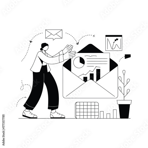 Man receiving mail with business graphics silhouette isolated on white background