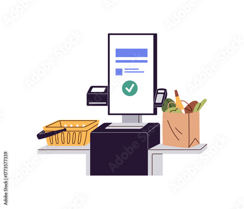 Self service checkout or cash register with basket, pack of products and screen of approved payment. Modern grocery store till with card paying. Flat isolated vector illustration on white background