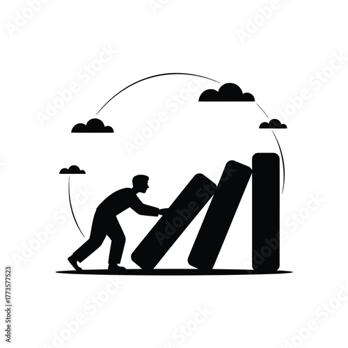 Silhouette of a person pushing dominoes isolated on white background