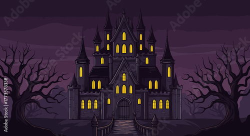 A spooky, dimly lit pixel art illustration of a haunted castle on a dark, cloudy night.