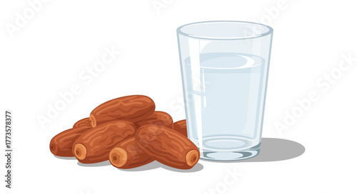 A simple illustration of a pile of brown dates next to a clear glass of water on a white background.