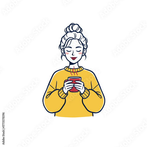 Young woman smiling while holding a cup in a cozy sweater concept of icons on the theme of mother's care. Mother's Day  