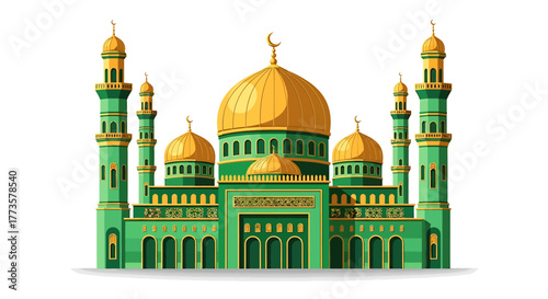 Beautiful Islamic Mosque with Golden Dome and Green Minarets