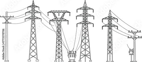 High voltage power transmission towers, electrical substation transformer, utility poles, power lines, energy distribution grid, industrial engineering design