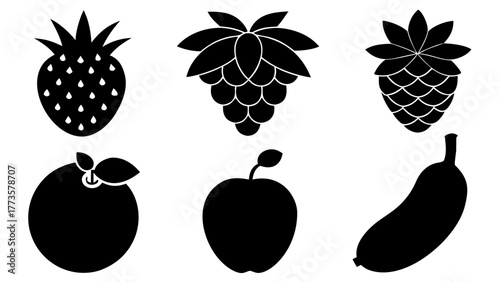 Black and white fruit icons including strawberry grapes apple and banana set