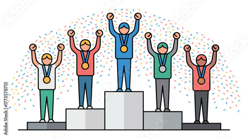 Five people with medals standing on a podium with confetti falling in the background celebrating victory