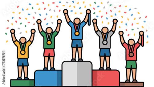 Five athletes on a podium celebrating with medals and confetti falling from above in a cartoon style