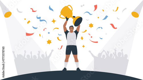A man holding a trophy above his head with confetti and spotlights and a cheering crowd behind him