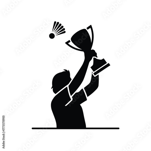 Badminton player silhouette holding trophy isolated on white background
